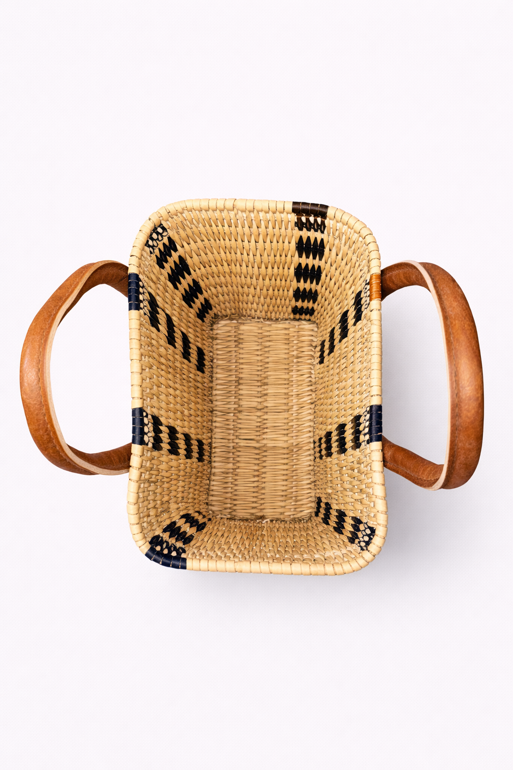 Panier de rangement en jonc naturel, anses en cuir
