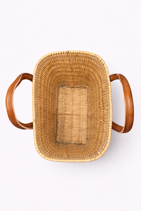 Handgeflochtene Tasche aus natürlicher Binse mit Ledergriffen – Boho Chic Sommer Tasche 