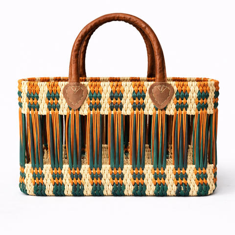 Handgeflochtene Tasche aus natürlicher Binse mit Ledergriffen – Boho Chic Sommer Tasche