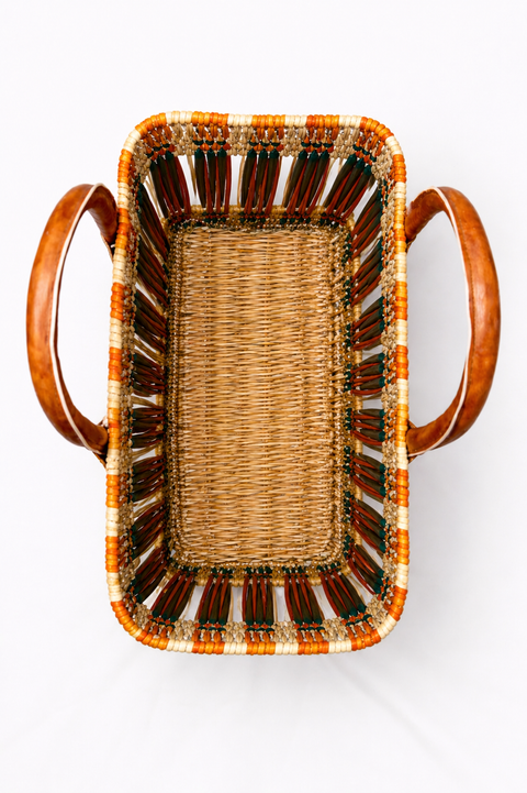 Handgeflochtene Tasche aus natürlicher Binse mit Ledergriffen – Boho Chic Sommer Tasche