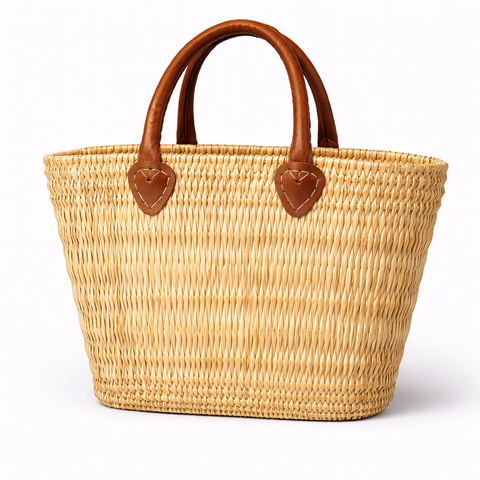 Handgeflochtene Tasche aus natürlicher Binse mit Ledergriffen – Boho Chic Sommer Tasche 