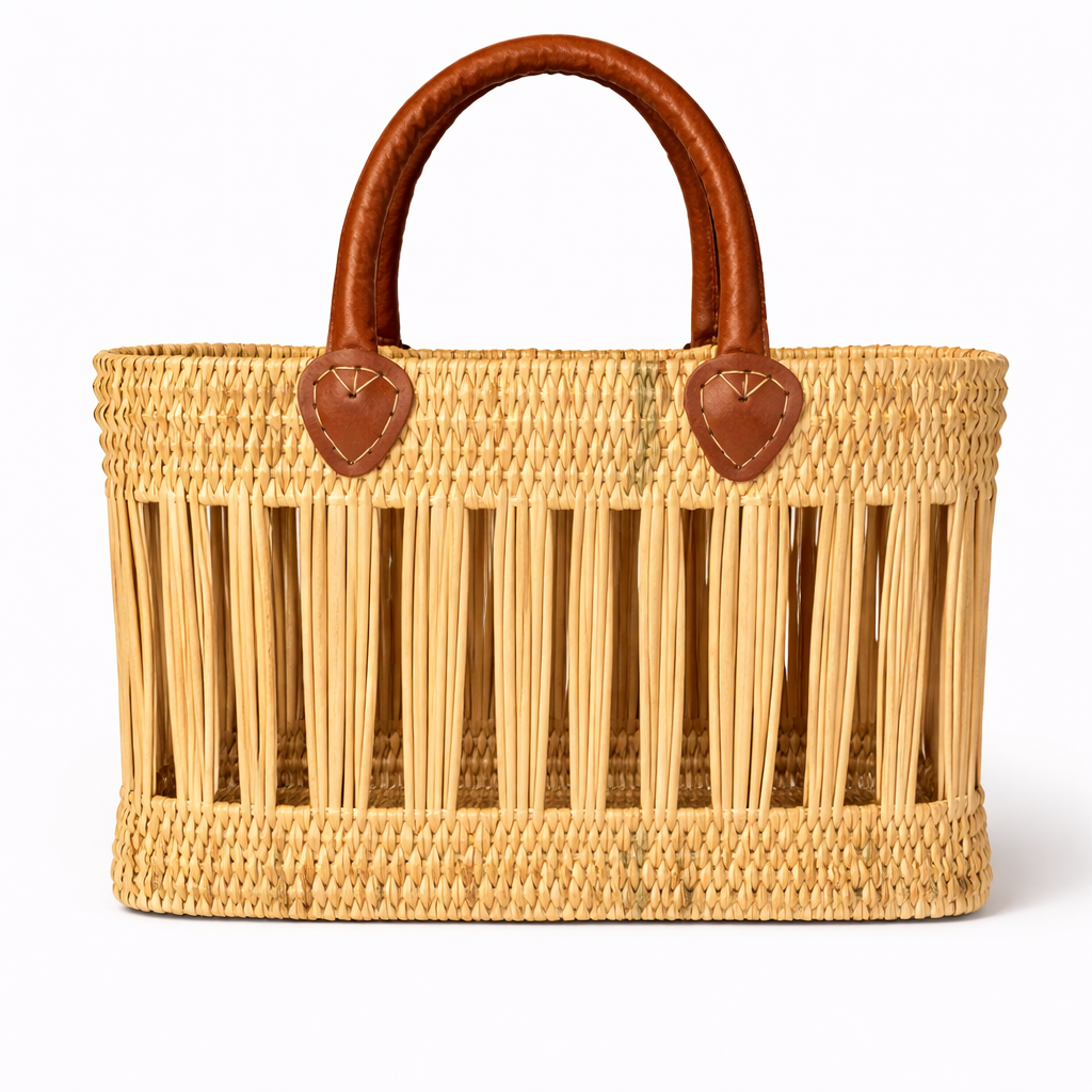 Sac en jonc naturel tressé main, anses en cuir