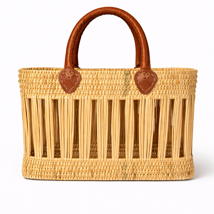 Sac en jonc naturel tressé main, anses en cuir