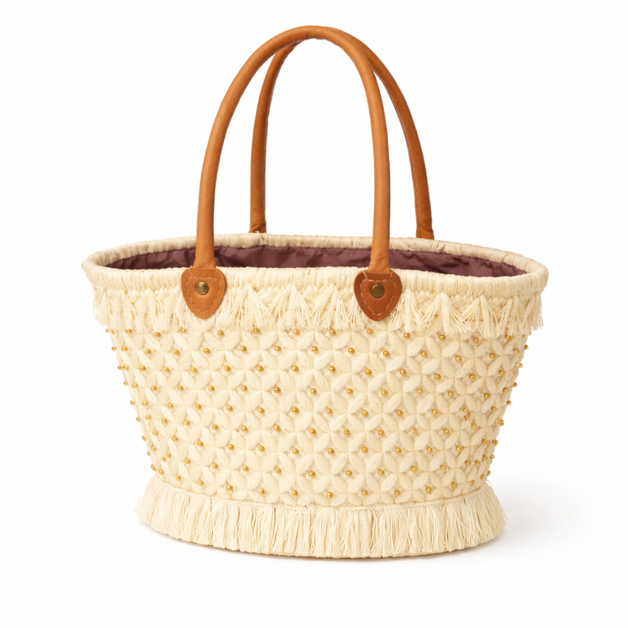 Sac en paille bohème à franges – Beige