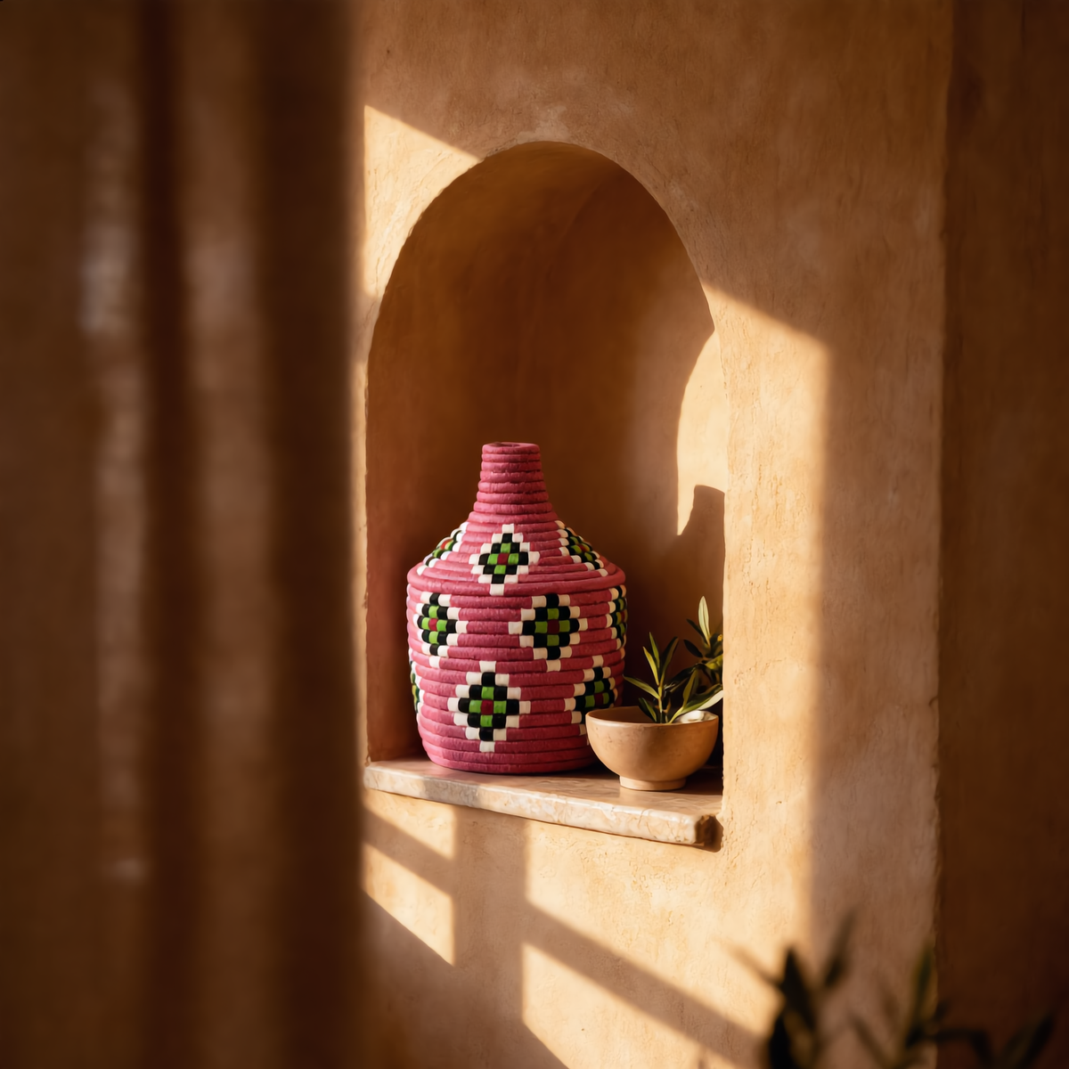 Panier tressé Berbère rose