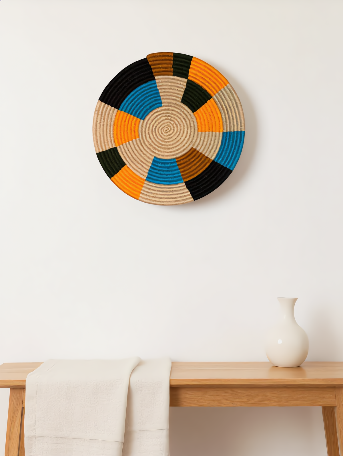 African Wall Basket 13.8 in:  Hanging Woven Wall Decor, Handmade Basket