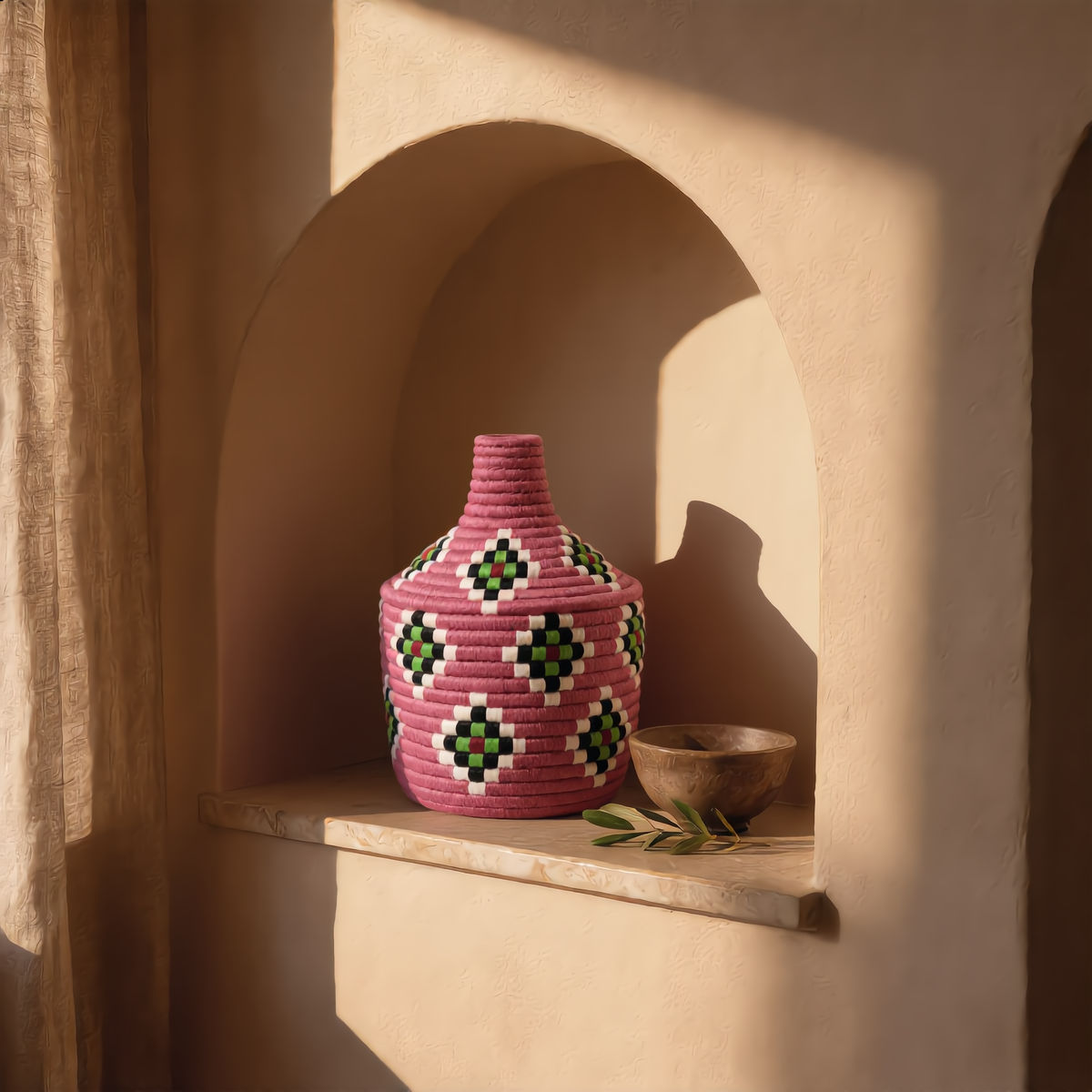 Deckelkorb Rosa Berber, handgeflochten aus Palmblatt und Wolle – Ansicht 2