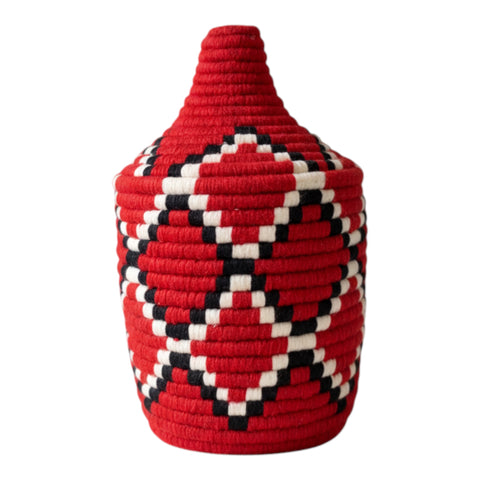 Panier Tressé Berbère Rouge avec Couvercle – Décoration Bohème Tissée à la Main